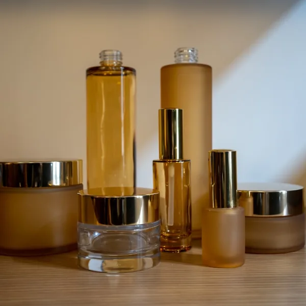 Premium unbranded skincare bottles arranged on a wooden surface